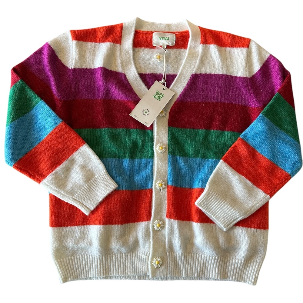 YITAI Stripe Cardigan with Flower Buttons – L (Cream/Pink/Green/Blue/Orange Mult